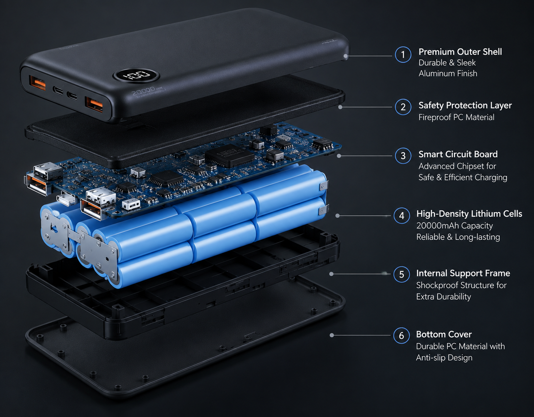 Exploded View of a 20000mAh Power Bank Showing Internal Components and Safety Features