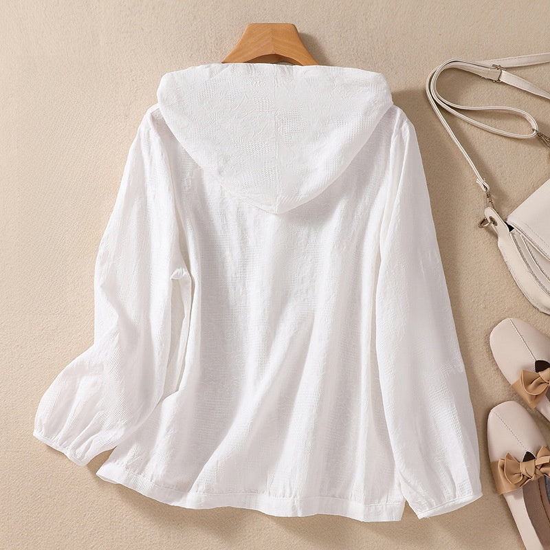 Cotton and Linen Shirts for Women in Spring and Autumn, Large Size Loose Shirts for Plus-Size Women, Hooded Cardigans, Long-Sleeved Tops, Casual and Versatile