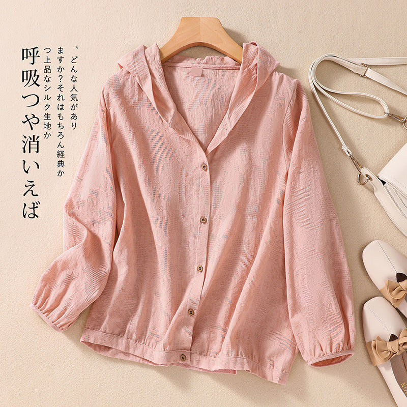Cotton and Linen Shirts for Women in Spring and Autumn, Large Size Loose Shirts for Plus-Size Women, Hooded Cardigans, Long-Sleeved Tops, Casual and Versatile