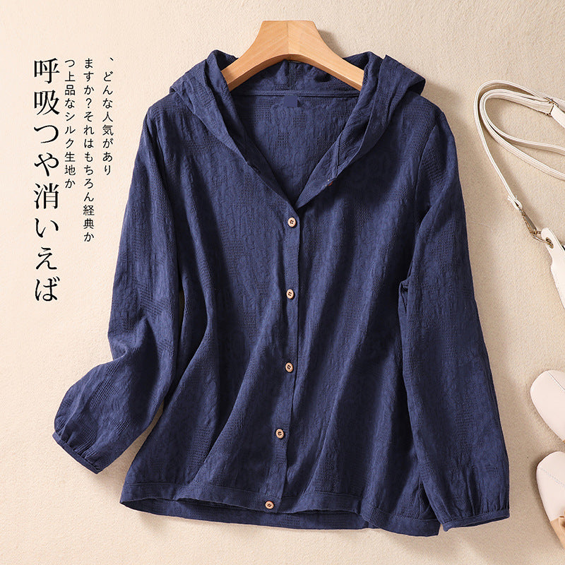 Cotton and Linen Shirts for Women in Spring and Autumn, Large Size Loose Shirts for Plus-Size Women, Hooded Cardigans, Long-Sleeved Tops, Casual and Versatile