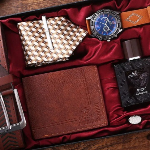 Quartz vintage-style watch strap, wallet, tie, perfume, and cufflinks