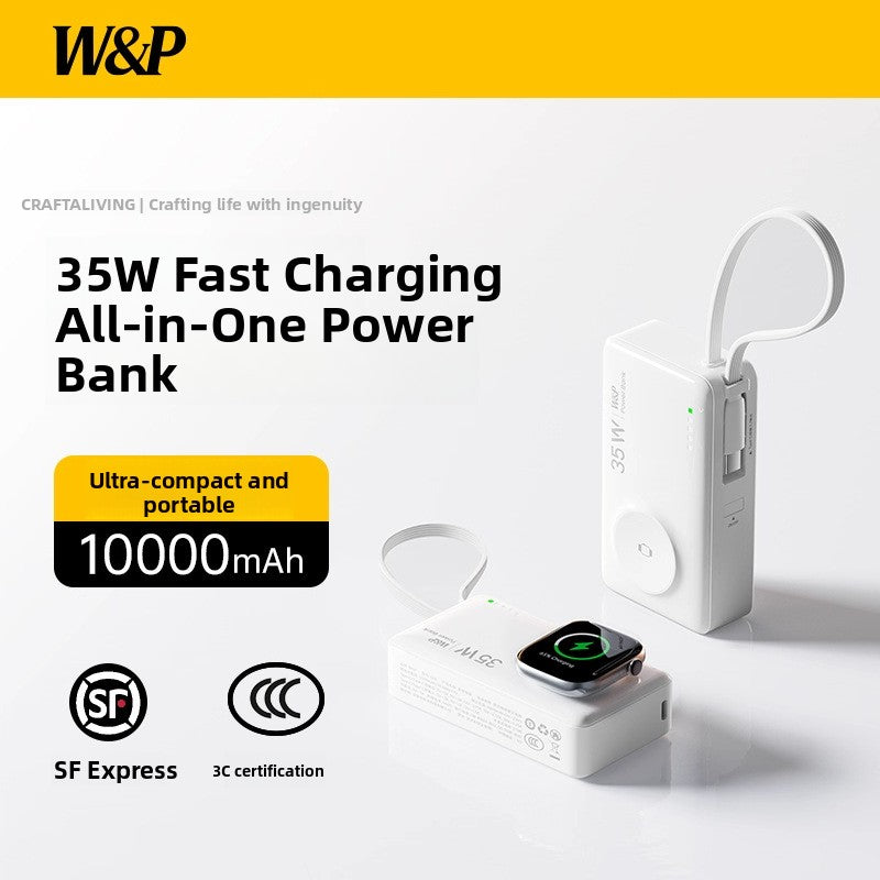 Portable 35W Fast Charging Power Bank with Built-in Cable