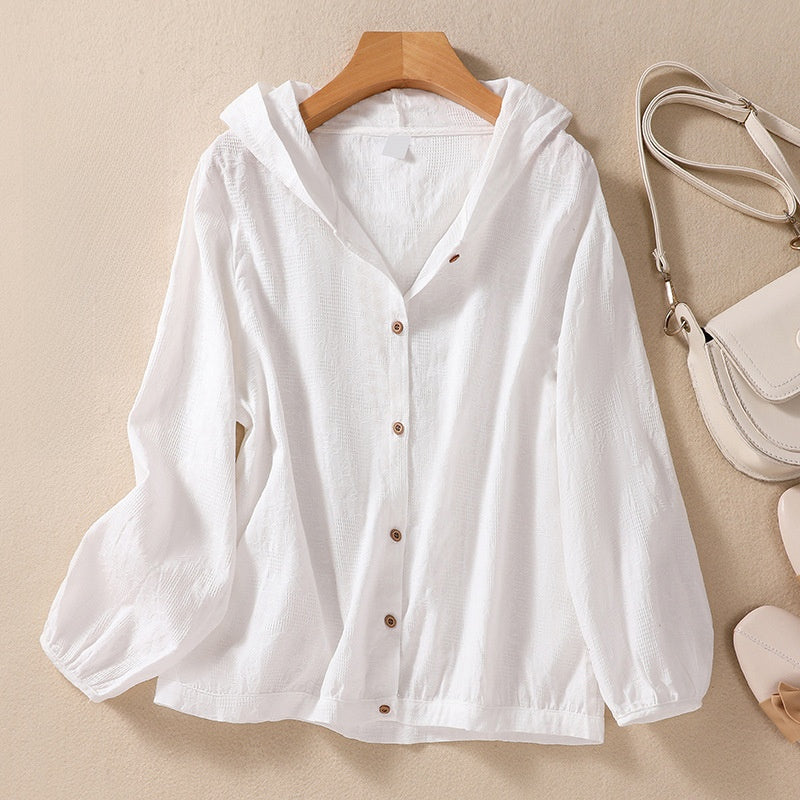 Cotton and Linen Shirts for Women in Spring and Autumn, Large Size Loose Shirts for Plus-Size Women, Hooded Cardigans, Long-Sleeved Tops, Casual and Versatile