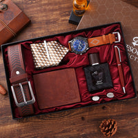Quartz vintage-style watch strap, wallet, tie, perfume, and cufflinks