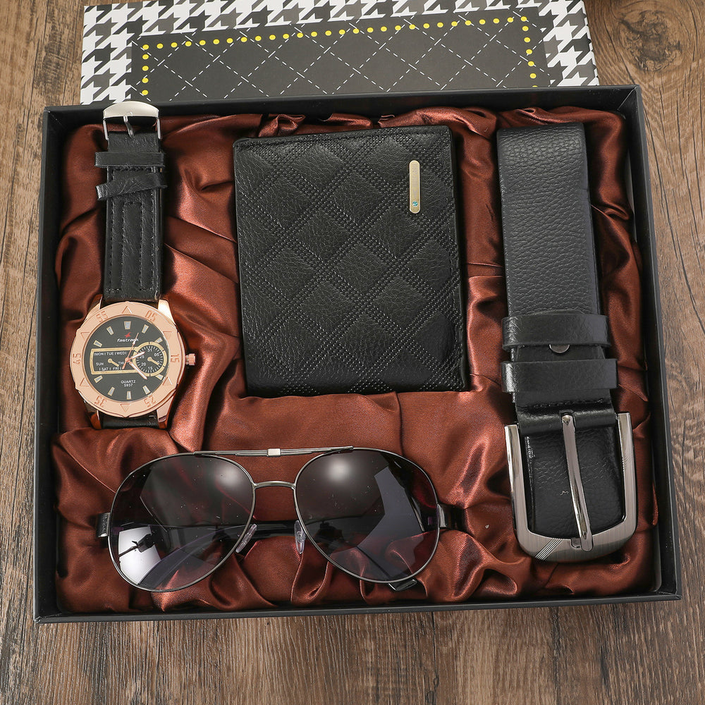 Quartz vintage-style watch strap, wallet, tie, perfume, and cufflinks