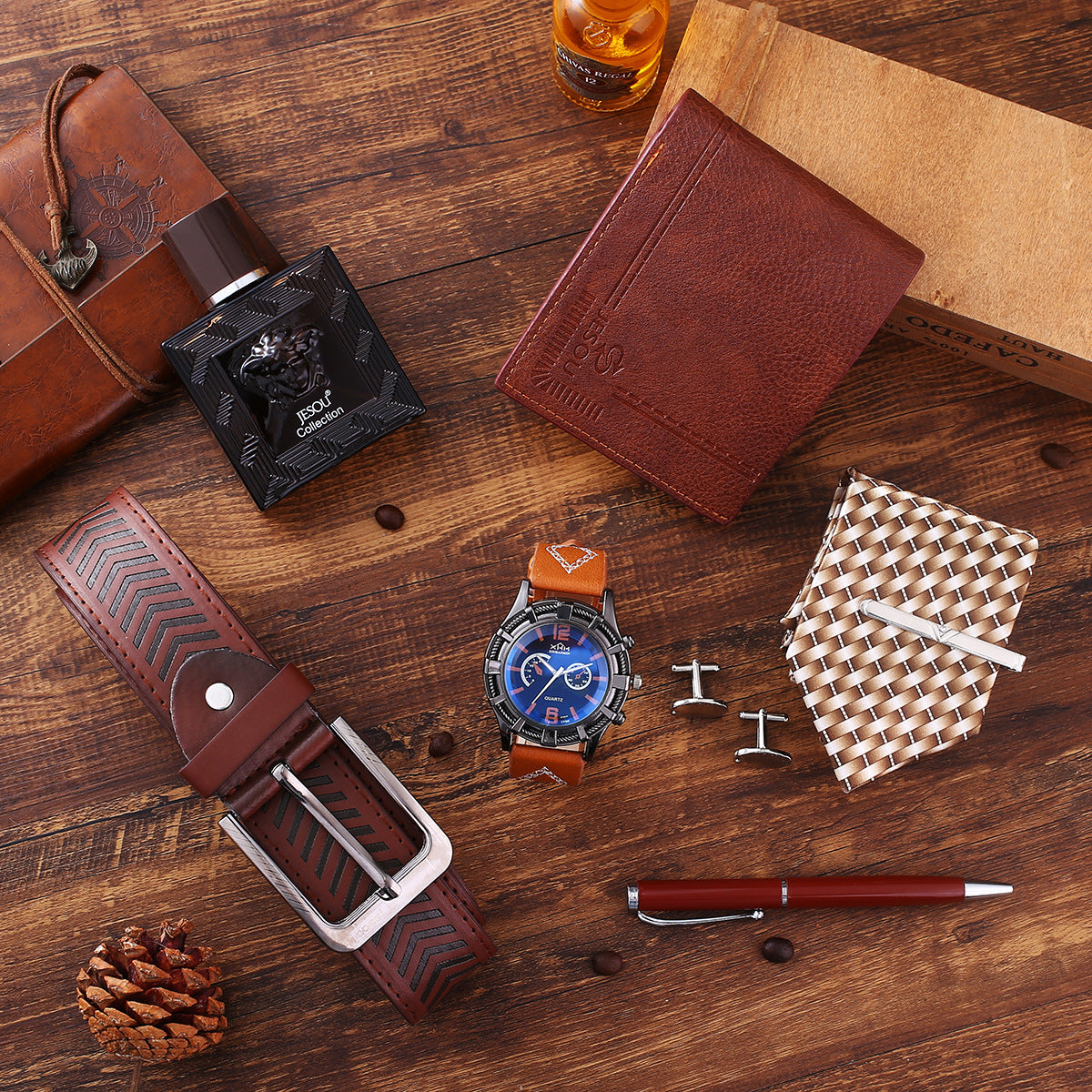 Quartz vintage-style watch strap, wallet, tie, perfume, and cufflinks