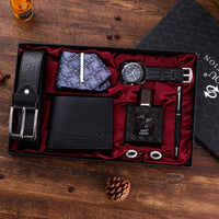 Quartz vintage-style watch strap, wallet, tie, perfume, and cufflinks
