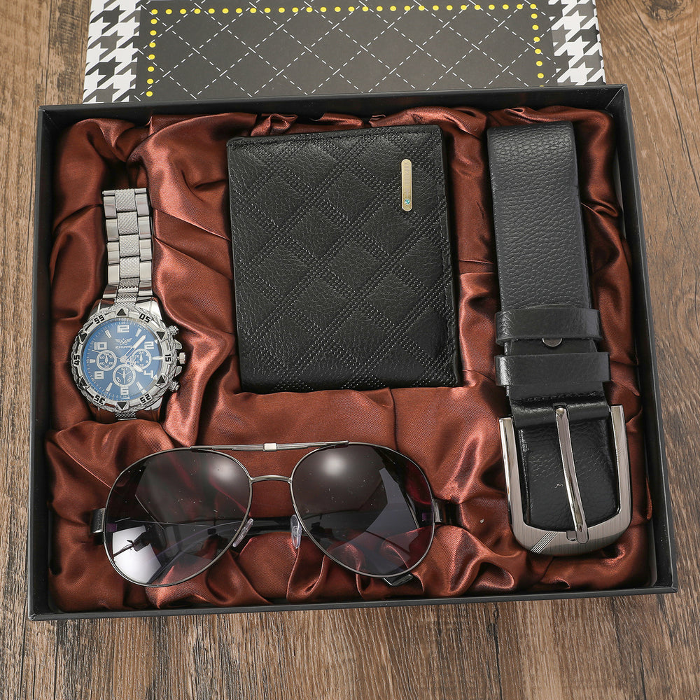 Quartz vintage-style watch strap, wallet, tie, perfume, and cufflinks