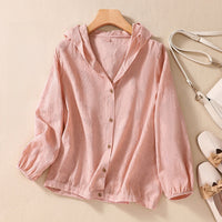 Cotton and Linen Shirts for Women in Spring and Autumn, Large Size Loose Shirts for Plus-Size Women, Hooded Cardigans, Long-Sleeved Tops, Casual and Versatile