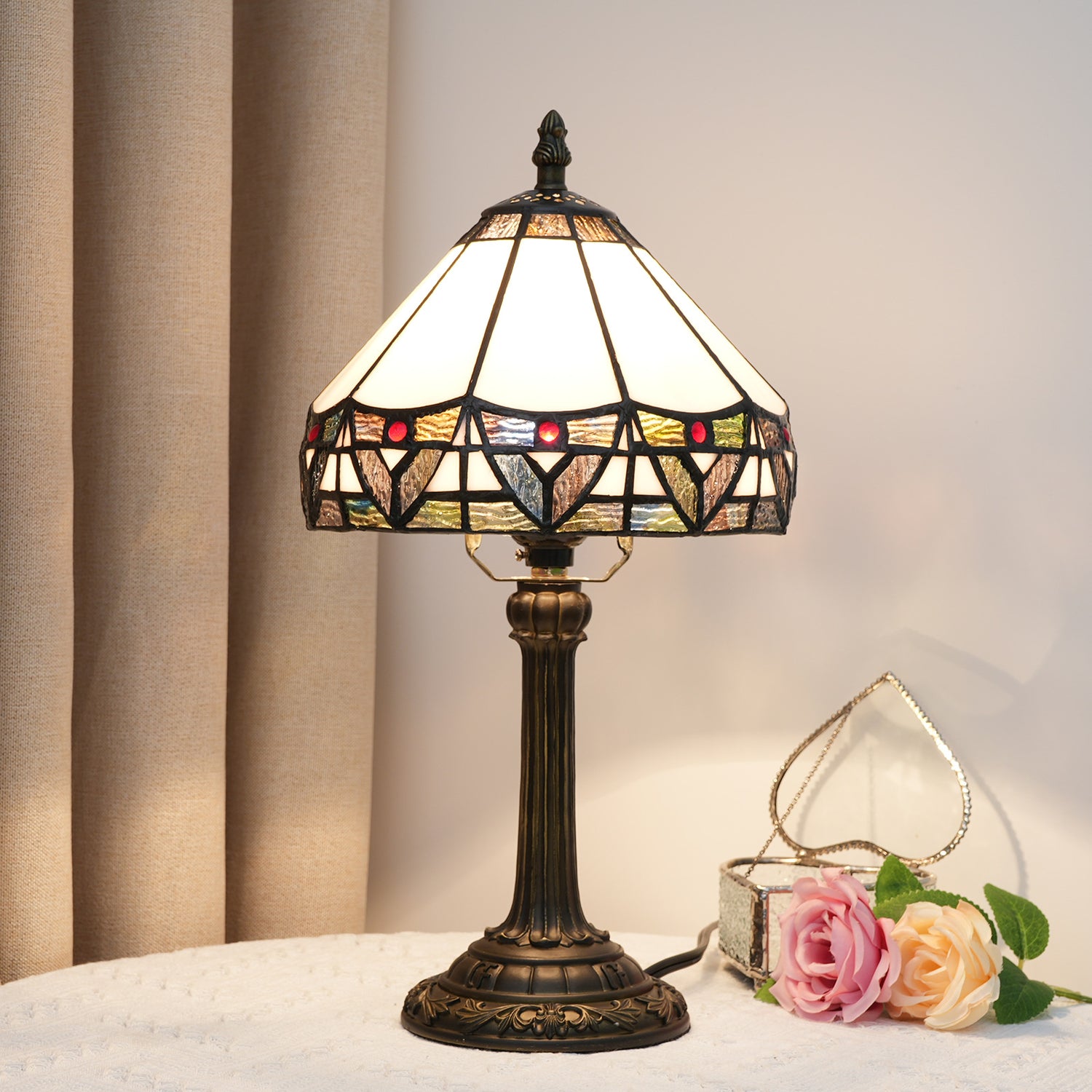 20cm Tiffany Stained Glass Table Lamp Simple European Retro White Roman Bedroom Bedside Desk Lamp