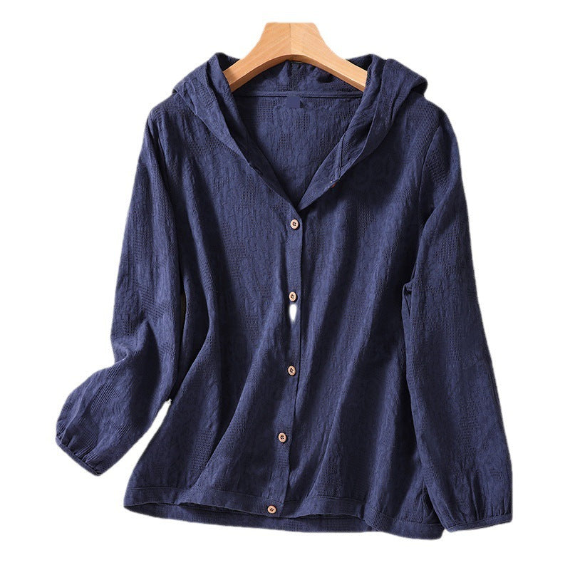 Cotton and Linen Shirts for Women in Spring and Autumn, Large Size Loose Shirts for Plus-Size Women, Hooded Cardigans, Long-Sleeved Tops, Casual and Versatile