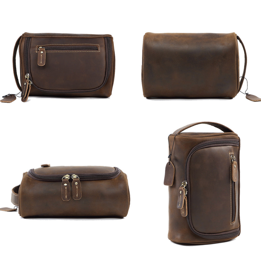 Man holding a retro cowhide bag